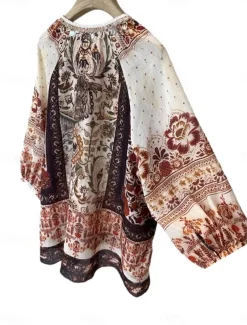 Women's Linen Cotton Boho Shirt Floral Seashell Paisley Abstract Vintage Stylish Ethnic 3/4 Length Sleeve Lantern Sleeve V Neck Regular Tops Daily Holiday Going out Tie Front Brown Summer Spring Fall