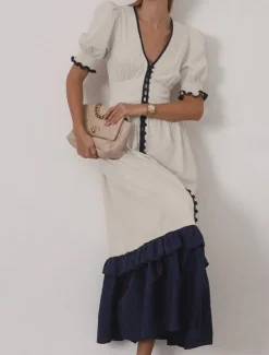 Women's 55%Linen Maxi Dress Ruffle Dress Vacation Party Birthday Puff Sleeve Office Birthday Daily Regular Fit Plain Short Sleeve V Neck Apricot Summer Spring