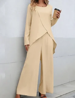Women's Linen-Inspired Sets Two Piece Sets T Shirt Wide Leg Pants Long Sleeve Solid Color Black Blue Khaki Spring Regular Fit