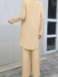 Women's Linen-Inspired Sets Two Piece Sets T Shirt Wide Leg Pants Long Sleeve Solid Color Black Blue Khaki Spring Regular Fit