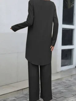 Women's Linen-Inspired Sets Two Piece Sets T Shirt Wide Leg Pants Long Sleeve Solid Color Black Blue Khaki Spring Regular Fit