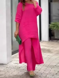 Women's Linen-Inspired Sets Two Piece Sets Pure Color Fashion Simple Casual Street Date Airport Breathable Crew Neck Long Sleeve Pant Summer Spring Home Outfits