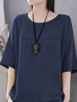 Women's Linen-Inspired Shirts T Shirt Plain Basic Short Sleeve Round Neck Regular Tops Daily Weekend White Blue Orange Green