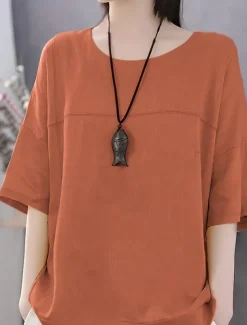 Women's Linen-Inspired Shirts T Shirt Plain Basic Short Sleeve Round Neck Regular Tops Daily Weekend White Blue Orange Green