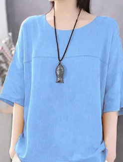 Women's Linen-Inspired Shirts T Shirt Plain Basic Short Sleeve Round Neck Regular Tops Daily Weekend White Blue Orange Green