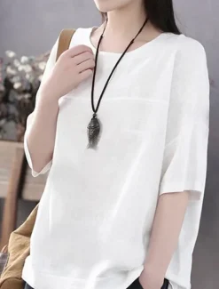 Women's Linen-Inspired Shirts T Shirt Plain Basic Short Sleeve Round Neck Regular Tops Daily Weekend White Blue Orange Green