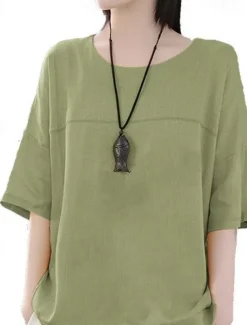 Women's Linen-Inspired Shirts T Shirt Plain Basic Short Sleeve Round Neck Regular Tops Daily Weekend White Blue Orange Green