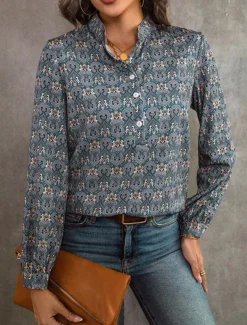 Women's Linen-Inspired Shirts Dressy Tops Stylish Retro Vintage Long Sleeve Bishop Sleeve Notched Neck Regular Tops Daily Blue Summer Spring Fall