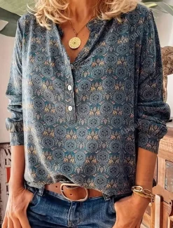 Women's Linen-Inspired Shirts Dressy Tops Stylish Retro Vintage Long Sleeve Bishop Sleeve Notched Neck Regular Tops Daily Blue Summer Spring Fall