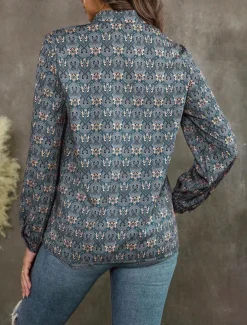 Women's Linen-Inspired Shirts Dressy Tops Stylish Retro Vintage Long Sleeve Bishop Sleeve Notched Neck Regular Tops Daily Blue Summer Spring Fall