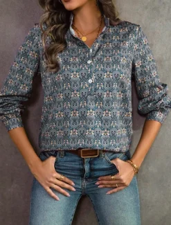 Women's Linen-Inspired Shirts Dressy Tops Stylish Retro Vintage Long Sleeve Bishop Sleeve Notched Neck Regular Tops Daily Blue Summer Spring Fall