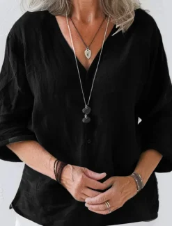 Women's Linen-Inspired Shirts Summer Tops Shrugs Solid Color Daily Casual 3/4 Length Sleeve V Neck Regular Tops Black White Pink Brown Apricot Summer Spring Fall