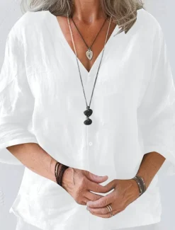 Women's Linen-Inspired Shirts Summer Tops Shrugs Solid Color Daily Casual 3/4 Length Sleeve V Neck Regular Tops Black White Pink Brown Apricot Summer Spring Fall