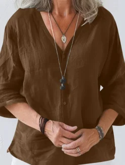 Women's Linen-Inspired Shirts Summer Tops Shrugs Solid Color Daily Casual 3/4 Length Sleeve V Neck Regular Tops Black White Pink Brown Apricot Summer Spring Fall