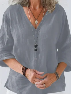 Women's Linen-Inspired Shirts Summer Tops Shrugs Solid Color Daily Casual 3/4 Length Sleeve V Neck Regular Tops Black White Pink Brown Apricot Summer Spring Fall