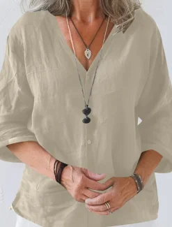 Women's Linen-Inspired Shirts Summer Tops Shrugs Solid Color Daily Casual 3/4 Length Sleeve V Neck Regular Tops Black White Pink Brown Apricot Summer Spring Fall