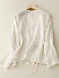 Women's Linen-Inspired Shirts Button Up Blouse Solid / Plain Color Daily Daily Sexy Beige Spring, Fall, Winter, Summer