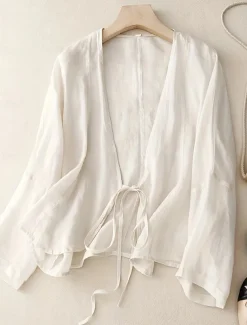 Women's Linen-Inspired Shirts Button Up Blouse Solid / Plain Color Daily Daily Sexy Beige Spring, Fall, Winter, Summer