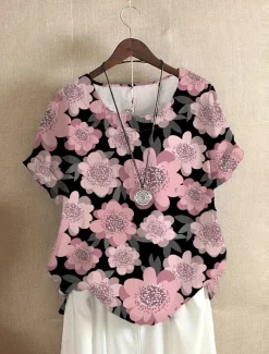 Women's Linen-Inspired Shirts T Shirt Flower Daily Casual Short Sleeve Crew Neck Daily Pink All Seasons