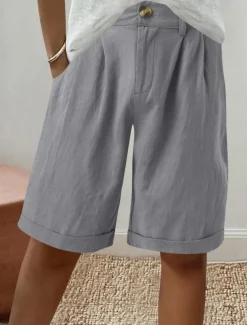 Women's Linen-Inspired Shorts Shorts Slacks Fashion Streetwear Short Natural Plain Pocket Buckle Comfy Outdoor Comfortable Holiday Weekend Apricot Grey Black White Summer Regular Fit