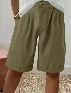 Women's Linen-Inspired Shorts Shorts Slacks Fashion Streetwear Short Natural Plain Pocket Buckle Comfy Outdoor Comfortable Holiday Weekend Apricot Grey Black White Summer Regular Fit