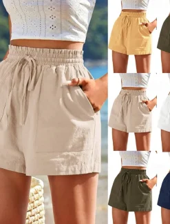 Women's Linen-Inspired Shorts Shorts Slacks Casual Short Natural Plain Pocket Elastic Drawstring Design Comfy Outdoor Street Daily Wear Navy White Yellow Army Green Summer Regular Fit