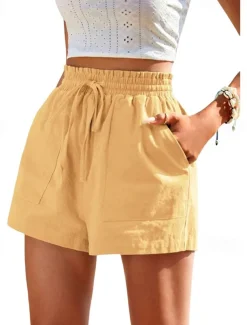 Women's Linen-Inspired Shorts Shorts Slacks Casual Short Natural Plain Pocket Elastic Drawstring Design Comfy Outdoor Street Daily Wear Navy White Yellow Army Green Summer Regular Fit