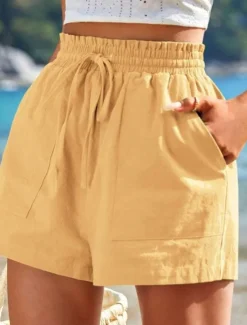 Women's Linen-Inspired Shorts Shorts Slacks Casual Short Natural Plain Pocket Elastic Drawstring Design Comfy Outdoor Street Daily Wear Navy White Yellow Army Green Summer Regular Fit