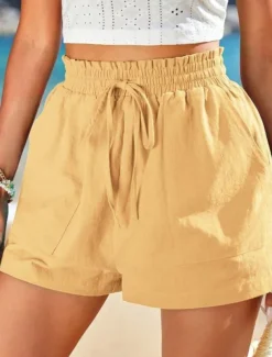 Women's Linen-Inspired Shorts Shorts Slacks Casual Short Natural Plain Pocket Elastic Drawstring Design Comfy Outdoor Street Daily Wear Navy White Yellow Army Green Summer Regular Fit
