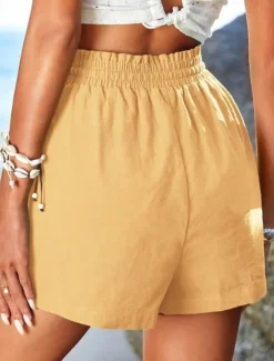 Women's Linen-Inspired Shorts Shorts Slacks Casual Short Natural Plain Pocket Elastic Drawstring Design Comfy Outdoor Street Daily Wear Navy White Yellow Army Green Summer Regular Fit