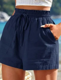 Women's Linen-Inspired Shorts Shorts Slacks Casual Short Natural Plain Pocket Elastic Drawstring Design Comfy Outdoor Street Daily Wear Navy White Yellow Army Green Summer Regular Fit