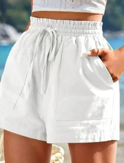 Women's Linen-Inspired Shorts Shorts Slacks Casual Short Natural Plain Pocket Elastic Drawstring Design Comfy Outdoor Street Daily Wear Navy White Yellow Army Green Summer Regular Fit