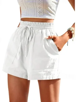 Women's Linen-Inspired Shorts Shorts Slacks Casual Short Natural Plain Pocket Elastic Drawstring Design Comfy Outdoor Street Daily Wear Navy White Yellow Army Green Summer Regular Fit