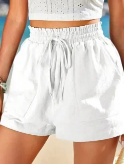 Women's Linen-Inspired Shorts Shorts Slacks Casual Short Natural Plain Pocket Elastic Drawstring Design Comfy Outdoor Street Daily Wear Navy White Yellow Army Green Summer Regular Fit
