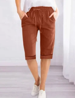 Women's Linen-Inspired Shorts Shorts Slacks Active Simple Casual Knee Length High Waist Plain Pocket Drawstring Elastic Waist Breathability Soft Comfortable Micro-elastic Vacation Casual Daily Weekend