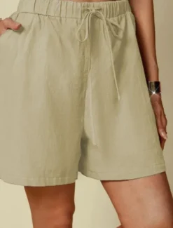 Women's Linen-Inspired Shorts Shorts Palazzo Pants Streetwear Casual Short Natural Plain Pocket Elastic Drawstring Design Outdoor Comfortable Street Going out Light Sky Blue Black White Dark Navy