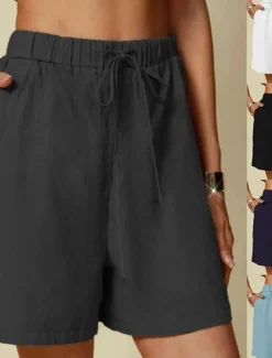 Women's Linen-Inspired Shorts Shorts Palazzo Pants Streetwear Casual Short Natural Plain Pocket Elastic Drawstring Design Outdoor Comfortable Street Going out Light Sky Blue Black White Dark Navy