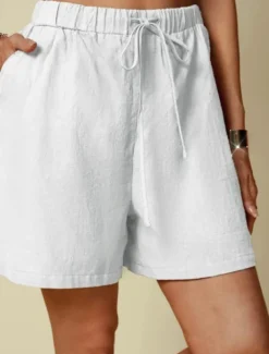 Women's Linen-Inspired Shorts Shorts Palazzo Pants Streetwear Casual Short Natural Plain Pocket Elastic Drawstring Design Outdoor Comfortable Street Going out Light Sky Blue Black White Dark Navy