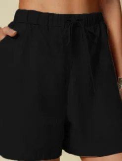 Women's Linen-Inspired Shorts Shorts Palazzo Pants Streetwear Casual Short Natural Plain Pocket Elastic Drawstring Design Outdoor Comfortable Street Going out Light Sky Blue Black White Dark Navy