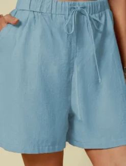 Women's Linen-Inspired Shorts Shorts Palazzo Pants Streetwear Casual Short Natural Plain Pocket Elastic Drawstring Design Outdoor Comfortable Street Going out Light Sky Blue Black White Dark Navy