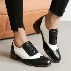 Women's Loafers Retro Brogue Daily Color Block Lace-up Block Heel Round Toe Vintage Casual Walking PU Lace-up Black / Gold Black / White Pink