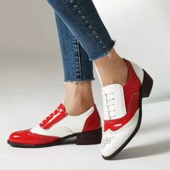 Women's Loafers Retro Brogue Daily Color Block Lace-up Block Heel Round Toe Vintage Casual Walking PU Lace-up Black / Gold Black / White Pink