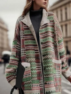 Women's Long Cardigan Collared Knit Pocket Fall Winter Outdoor Cool Stylish Vintage Style Long Sleeve Geometric Striped Green