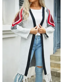 Women's Long Cardigan Open Front Knit Tassel Fall Winter Outdoor Going out Weekend Fashion Daily Long Sleeve Geometric Black Camel