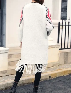 Women's Long Cardigan Open Front Knit Tassel Fall Winter Outdoor Going out Weekend Fashion Daily Long Sleeve Geometric Black Camel