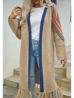Women's Long Cardigan Open Front Knit Tassel Fall Winter Outdoor Going out Weekend Fashion Daily Long Sleeve Geometric Black Camel
