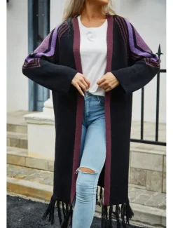 Women's Long Cardigan Open Front Knit Tassel Fall Winter Outdoor Going out Weekend Fashion Daily Long Sleeve Geometric Black Camel