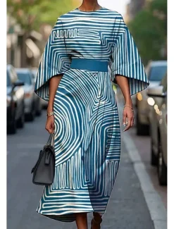 Women's Long Dress Maxi Dress Casual Dress Summer Dress Fashion Modern Daily Date Weekend Regular Fit Geometric 3/4 Length Sleeve Crew Neck Black Yellow Light Green Pink Summer