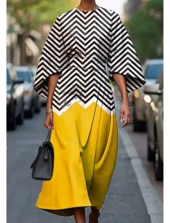 Women's Long Dress Maxi Dress Casual Dress Summer Dress Fashion Modern Daily Date Weekend Regular Fit Geometric 3/4 Length Sleeve Crew Neck Black Yellow Light Green Pink Summer