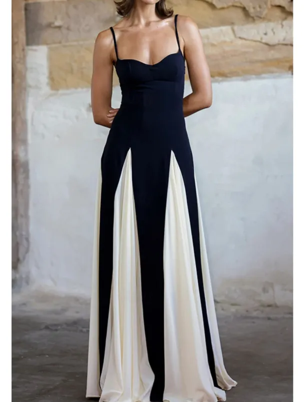 Women's Long Dress Maxi Dress Cocktail Dress Slip Dress Elegant Fashion Tea Party Going out Weekend Regular Fit Color Block Sleeveless Spaghetti Strap Black Summer